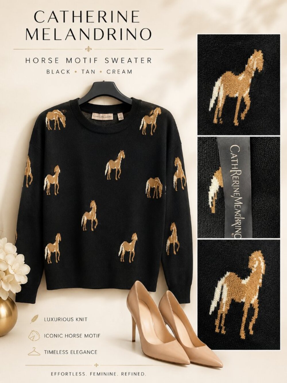 Catherine Malandrino Black Horse Intarsia Pullover Sweater Size M